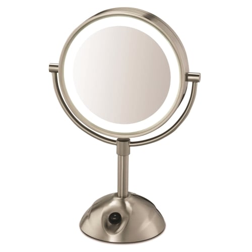 Conair® Lighted, Two-Sided, 5x Magnification Vanity Mirror with Power Outlet, Satin Nickel Finish